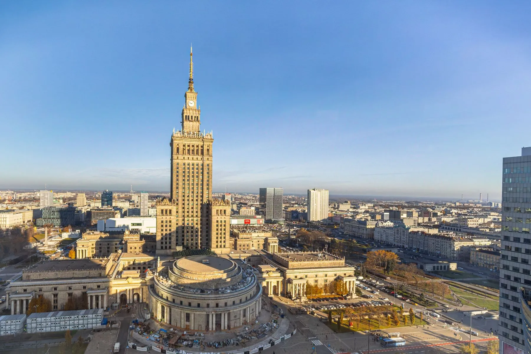 Daytime panorama of the Palace of Culture and Science and surrounding central Warsaw streets
