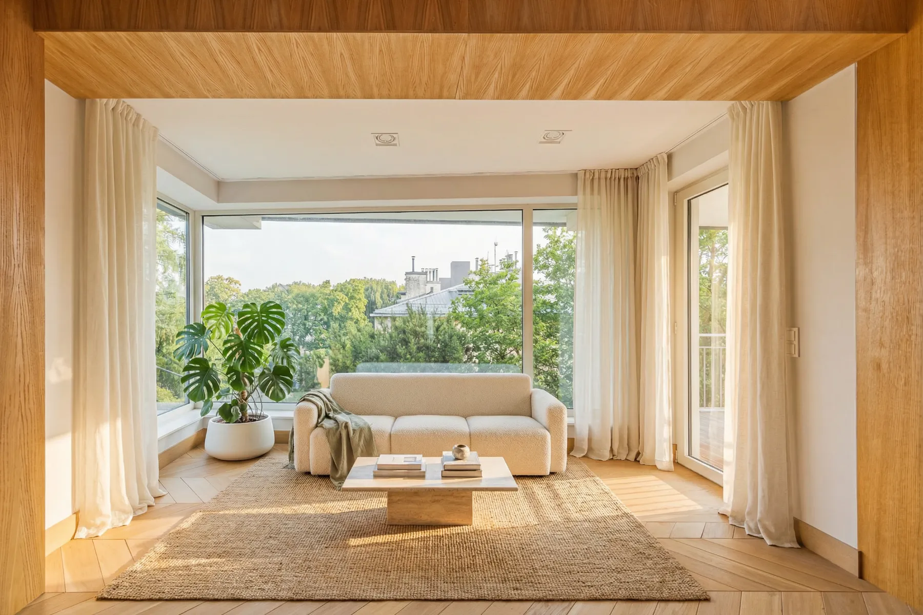 Bright lounge with cream seating, low timber coffee table and leafy outlook