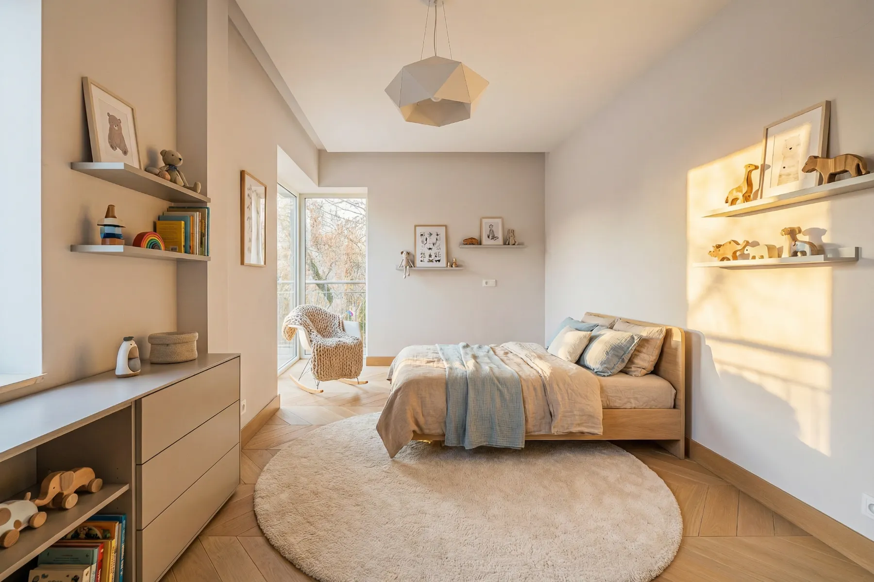 Second bedroom with low timber bed, open display shelves and soft neutral furnishings