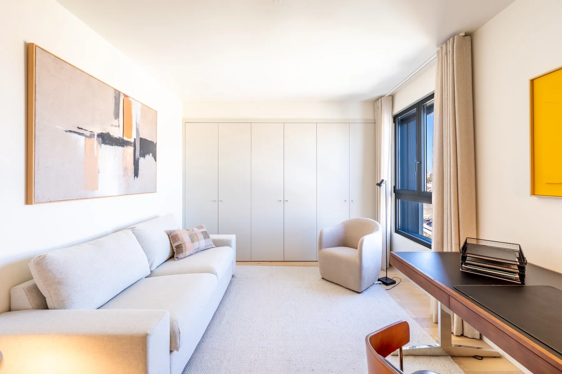 Bright second bedroom and study with panoramic corner windows