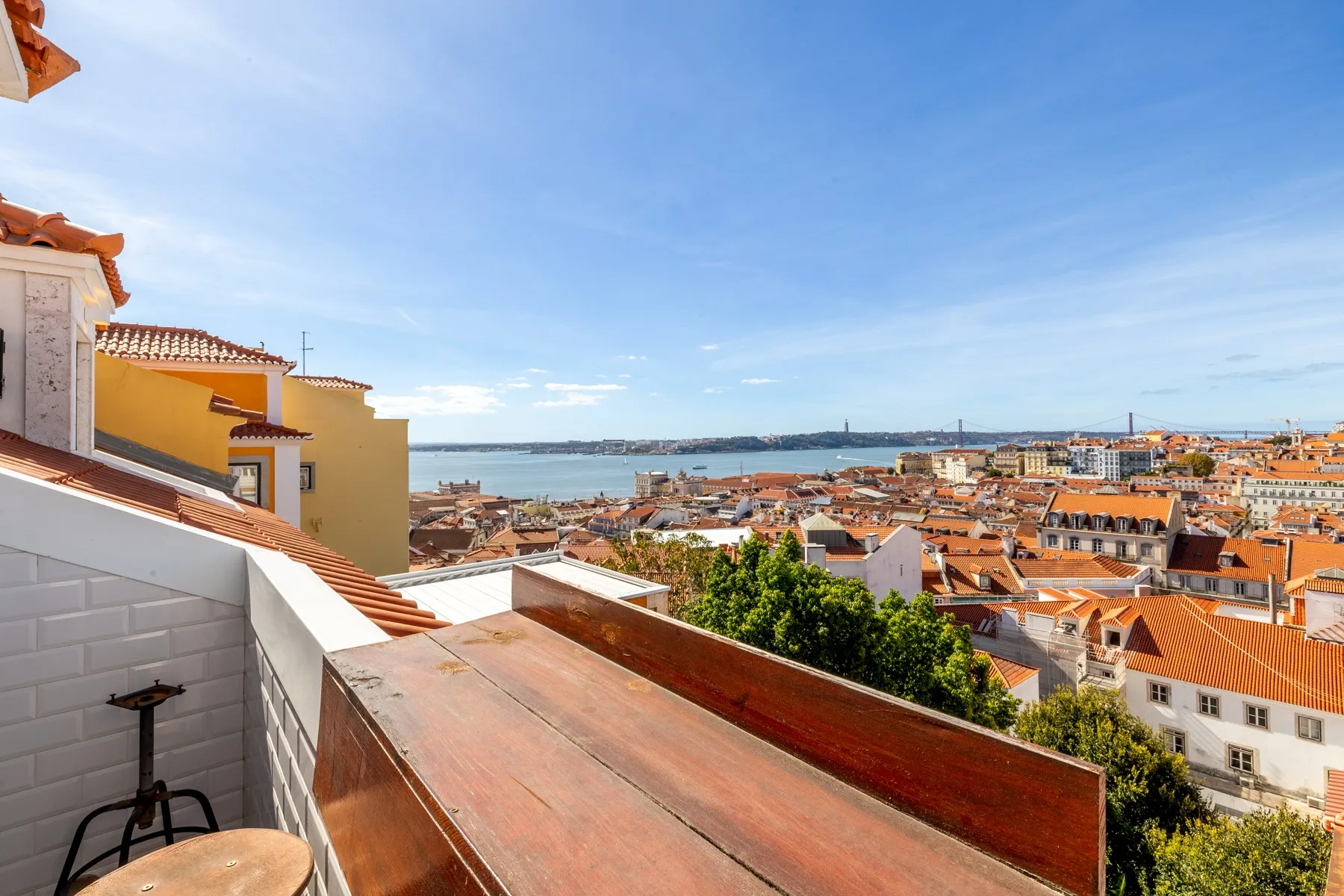Elevated private balcony view across historic Lisbon to the Tagus River
