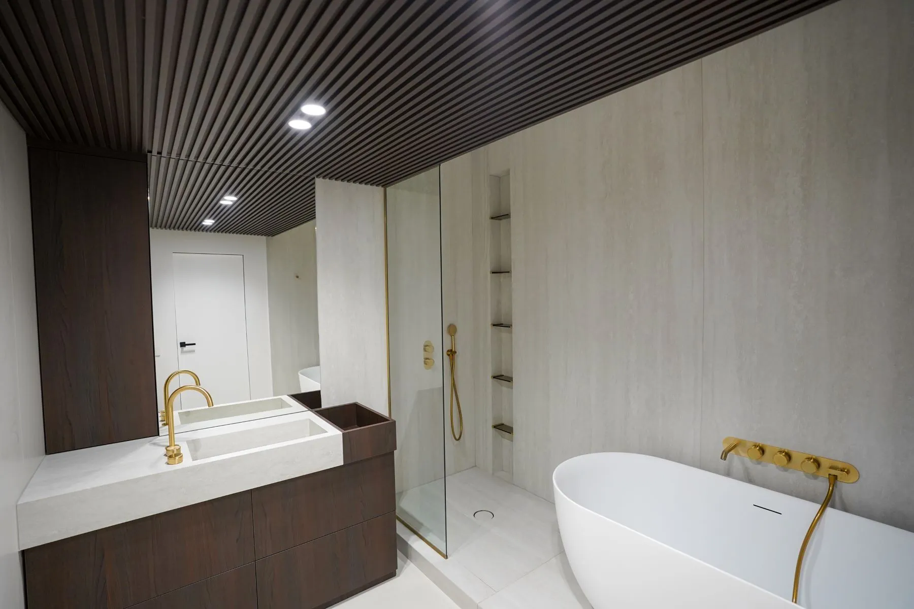 Luxury bathroom with freestanding bathtub, double vanity and separate shower