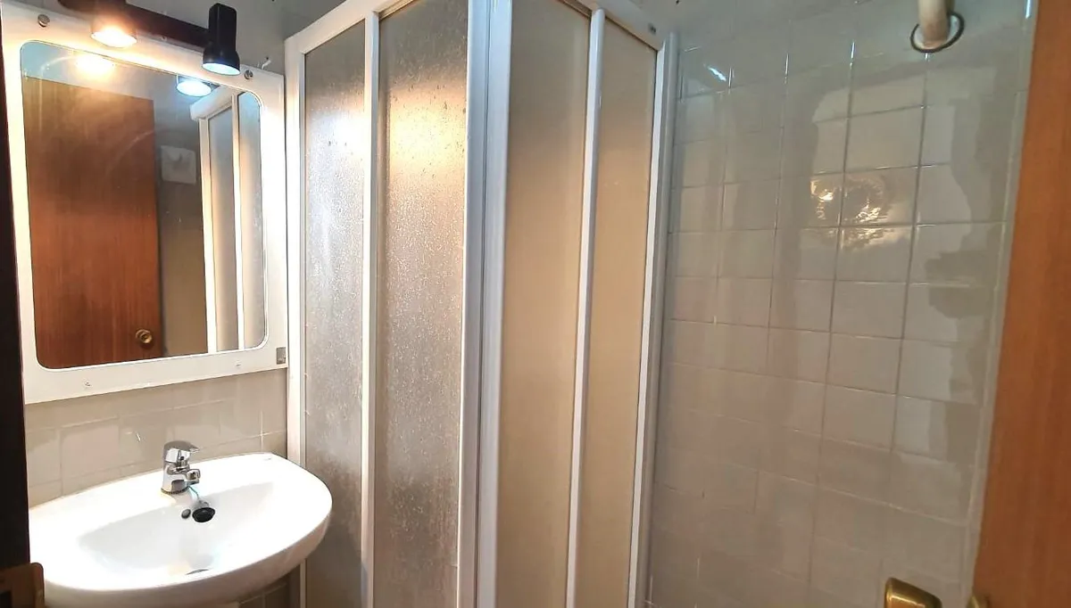 Third bathroom with compact vanity and glass-enclosed shower
