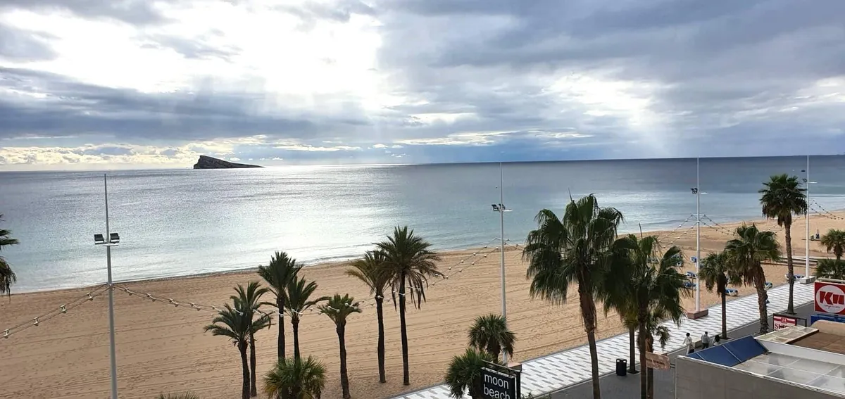 Elevated view across Levante Beach towards Benidorm Island