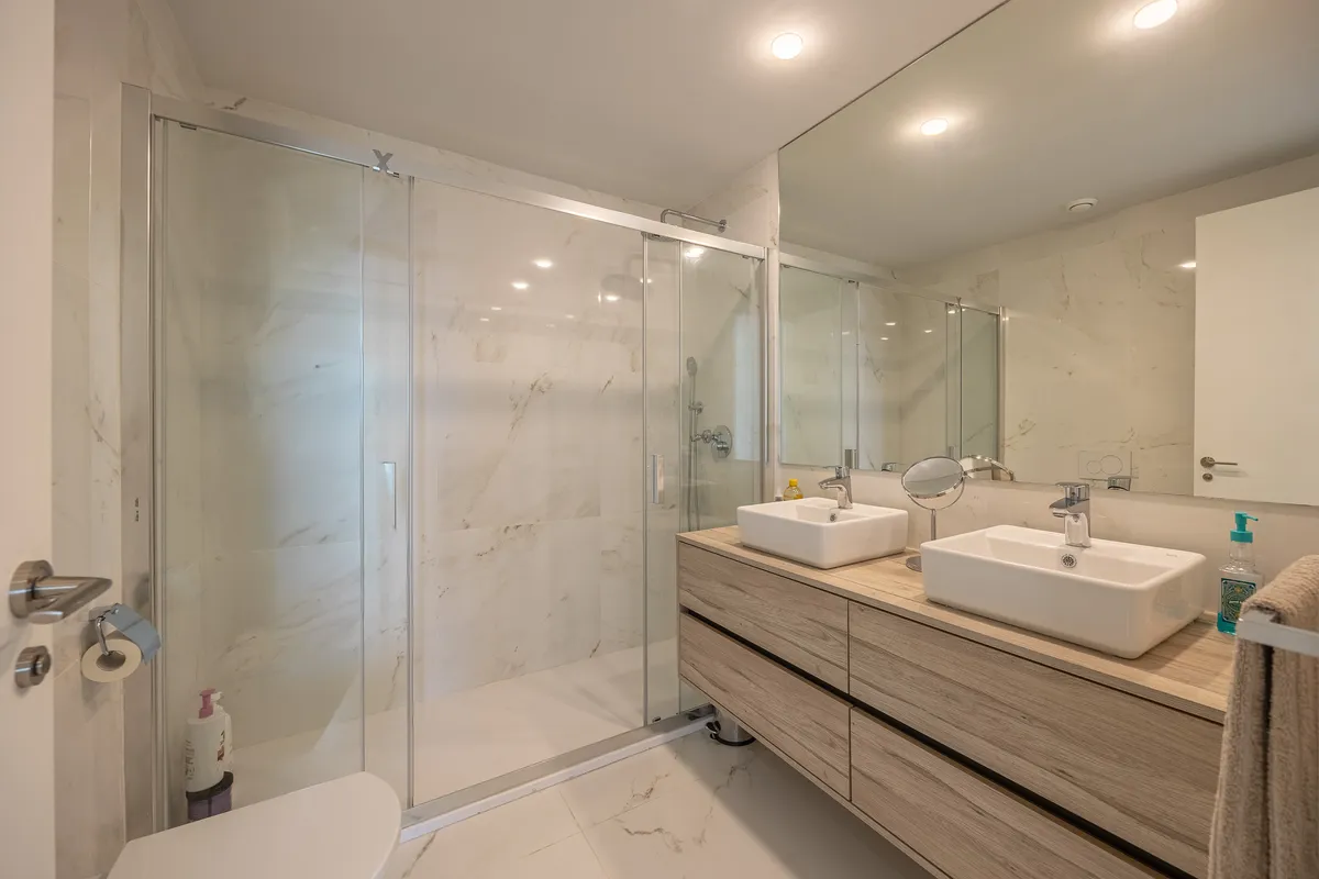 Second bathroom with broad double vanity and walk-in shower