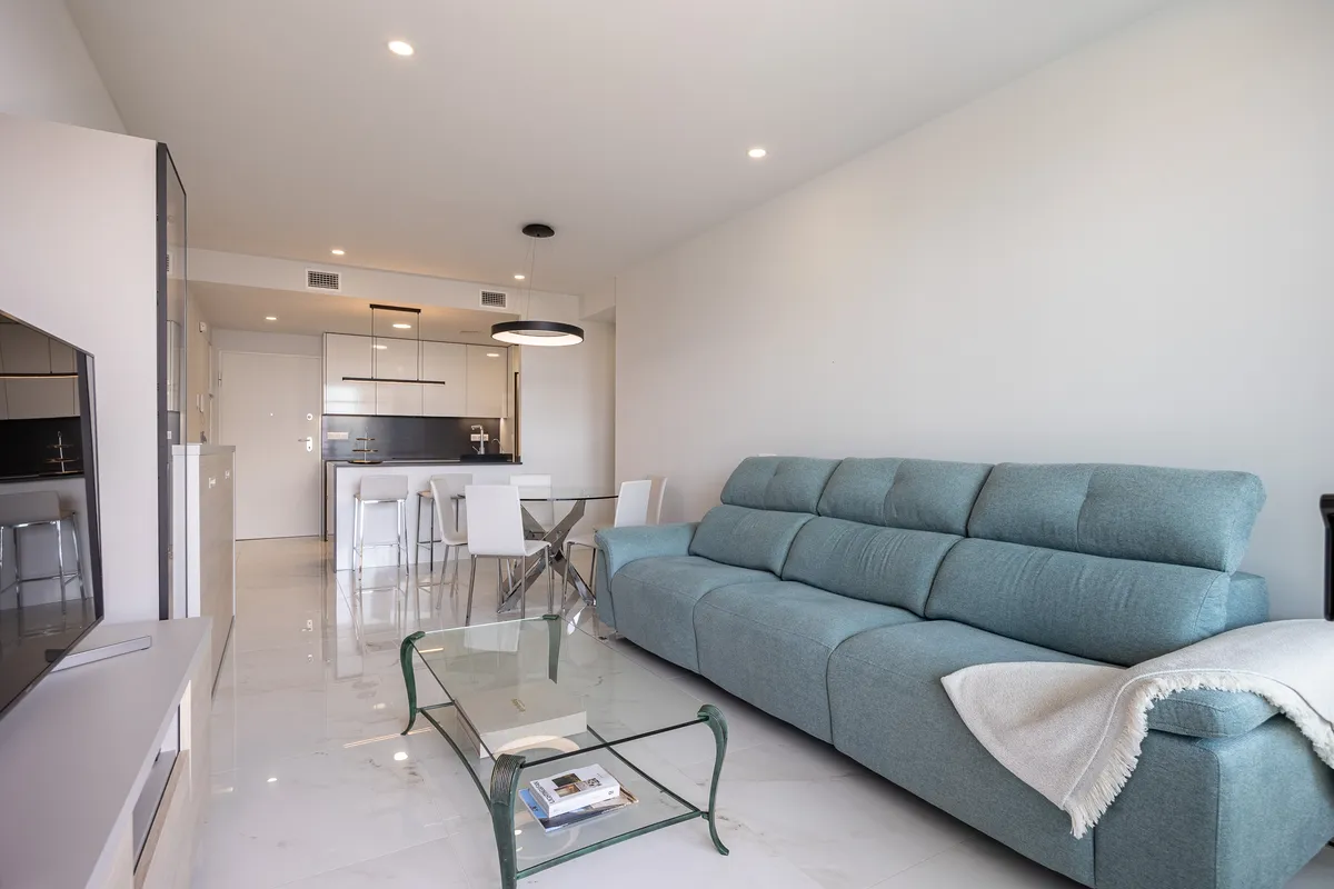 Open-plan lounge and white kitchen with contemporary furnishings
