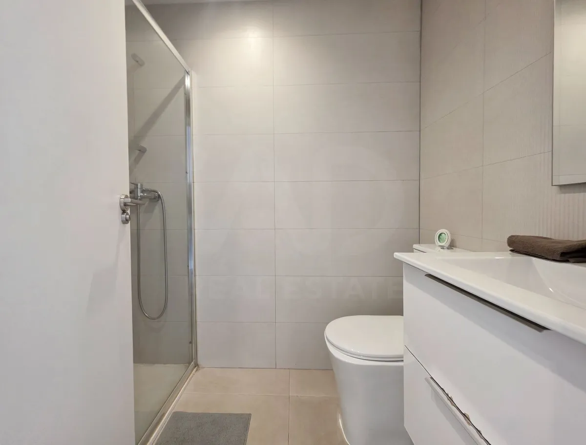 Modern en-suite bathroom with walk-in shower and white vanity