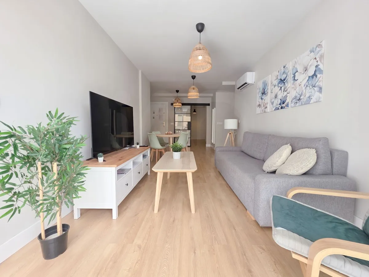 Contemporary living room with grey sofa, television and timber floor
