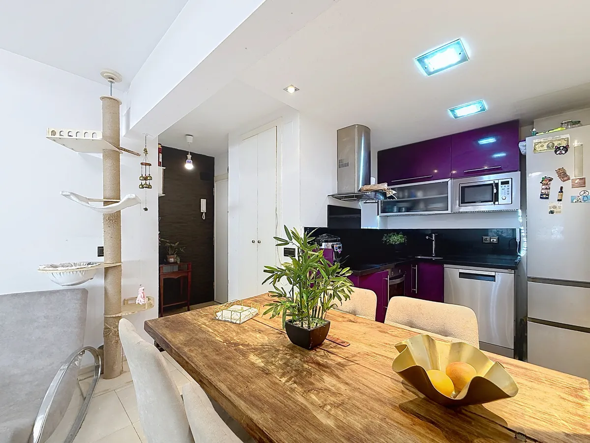 Timber dining table beside the colourful open-plan kitchen