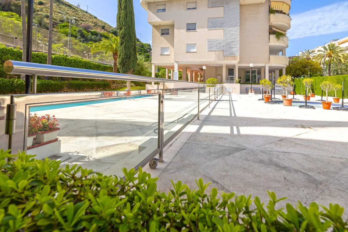 Communal pool terrace beside palms and Mediterranean planting