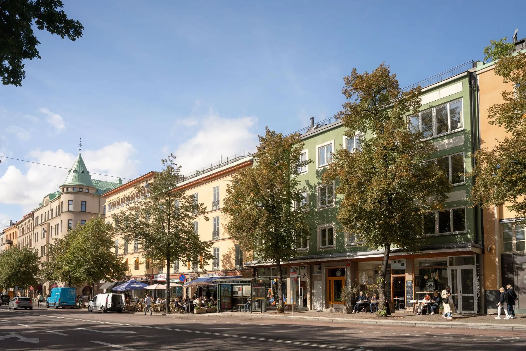 Tree-lined Odengatan exterior of the historic former Plaza cinema building