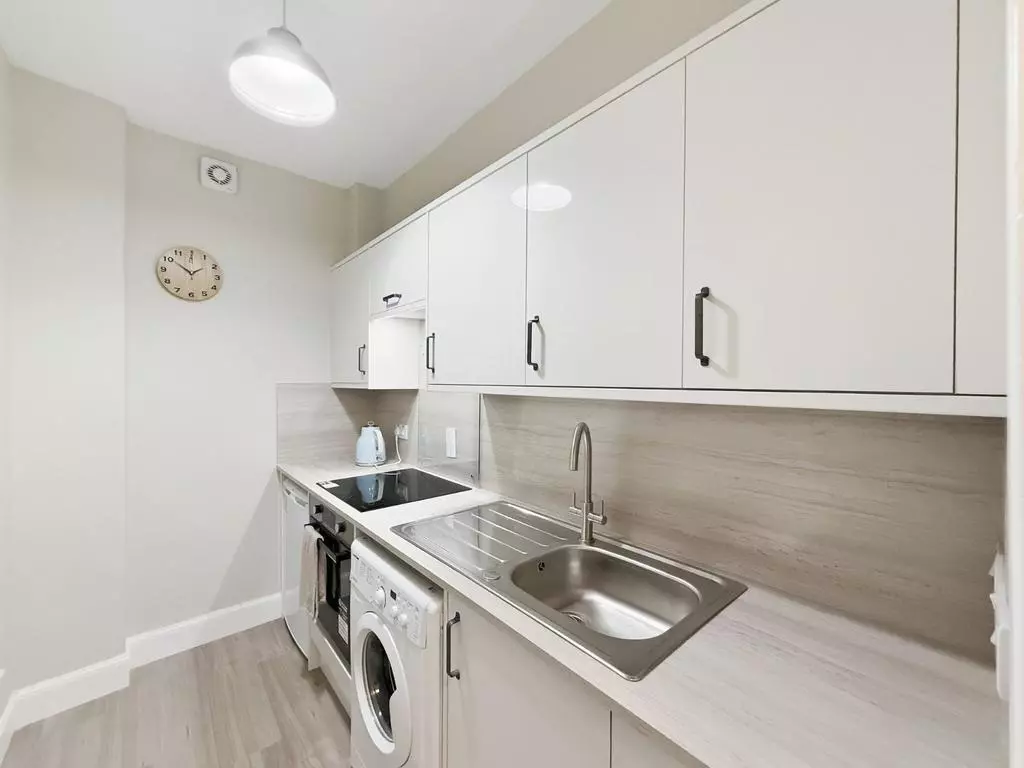 Modern white kitchen cabinets with sink and worktop