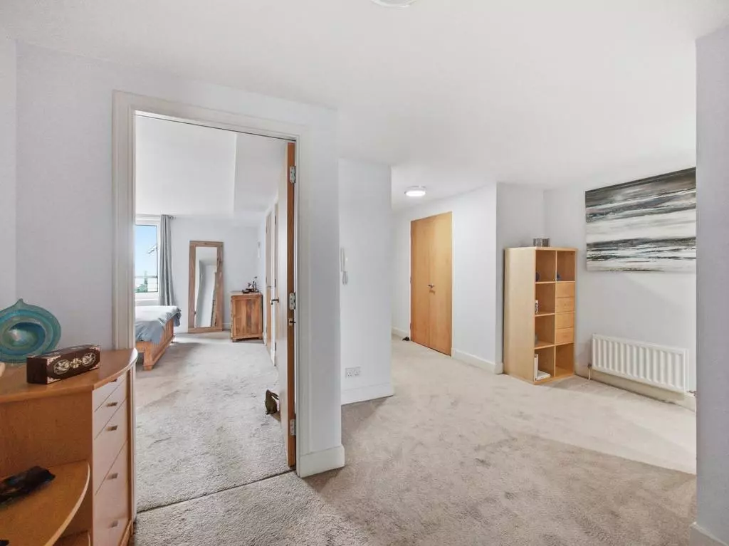 Apartment hallway with useful storage and bedroom access