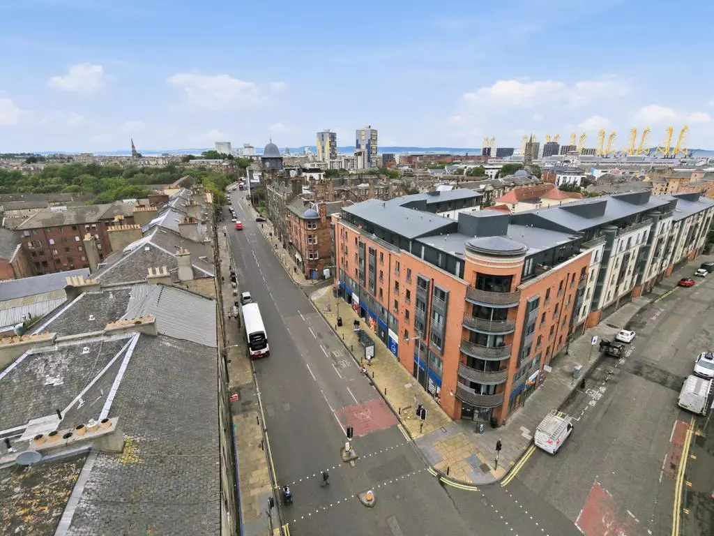 Elevated neighbourhood view across Leith toward Ocean Terminal